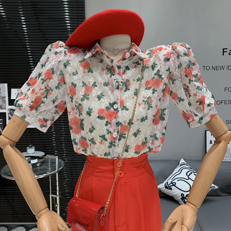 

Женская винтажная блузка с коротким рукавом, с цветочным принтом