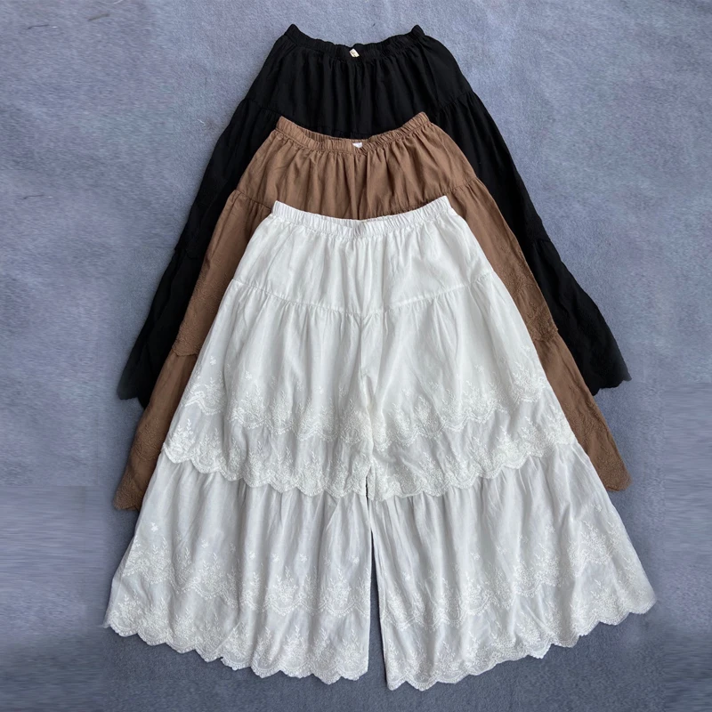 

Johnature Japanese Cotton Lace Ankle-length Pants 2022 Summer New Solid Color Elastic Waist Vintage Mori Women Wide Leg Pants