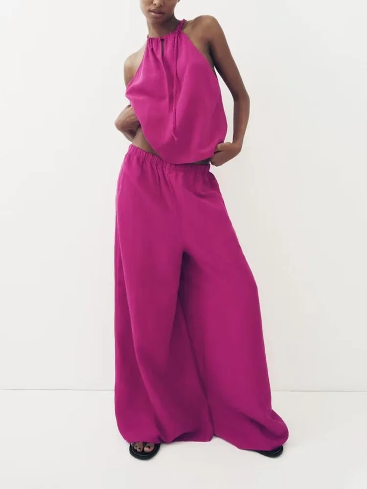 

Summer new women's all-match linen halter neck top shirt + elastic waist blended floor mopping wide-leg pants trousers