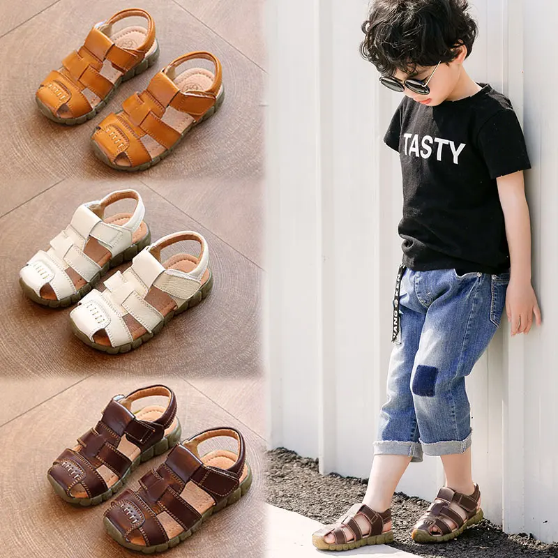 2023 Summer Genuine Leather Sandals For Kids Boys Beach Sandal For Children Girls Anti-slip Soft Baby Shoes Footwear White Black