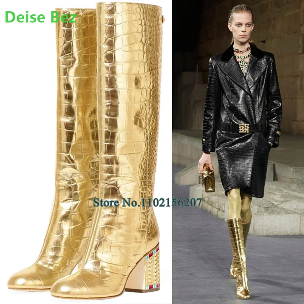 

Gold Square Heel Blingbling Colorful Heel Boots For Female Women Runway Fashion Slip-on Luxury Winter Round Toe Solid Shoes