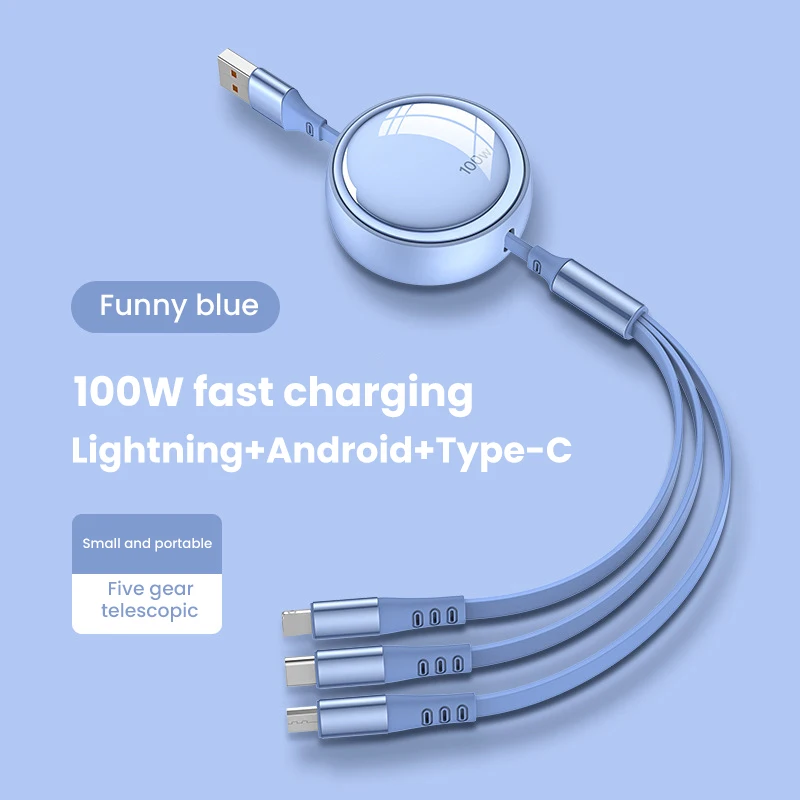 

100W 3in1 Data USB Cable for iPhone Fast Charger Charging Cable For Android phone type c xiaomi huawei Samsung Charger Wire