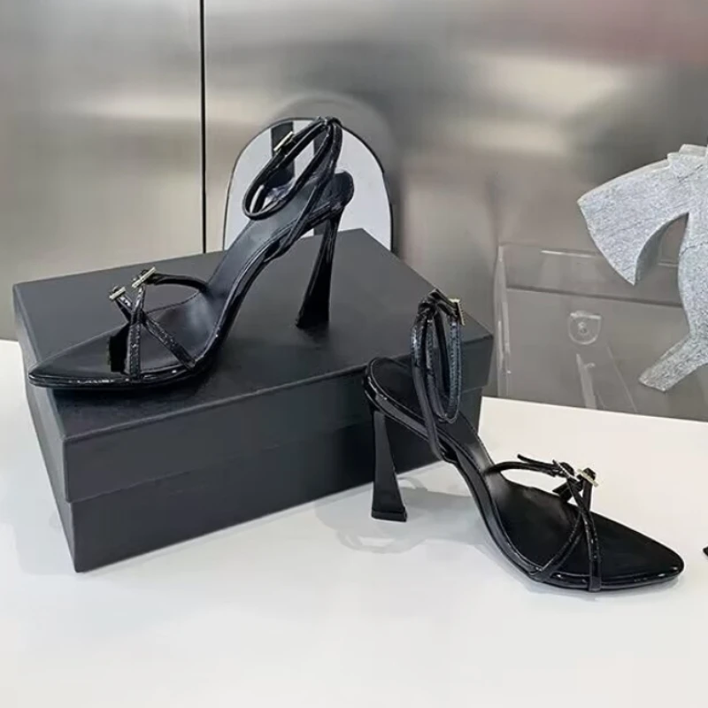 Women's Sandals 2023 Summer New Fashion High Heel Pointed Rhinestone Needle Buckle Fine Heel Banquet Sexy Open Toe Roman Shoes