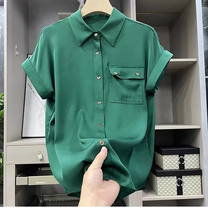 

Summer Bat Short Sleeve Top Korean Fashion Printing Poplin Leisure Straight Polo Collar Women Shirt Houthion