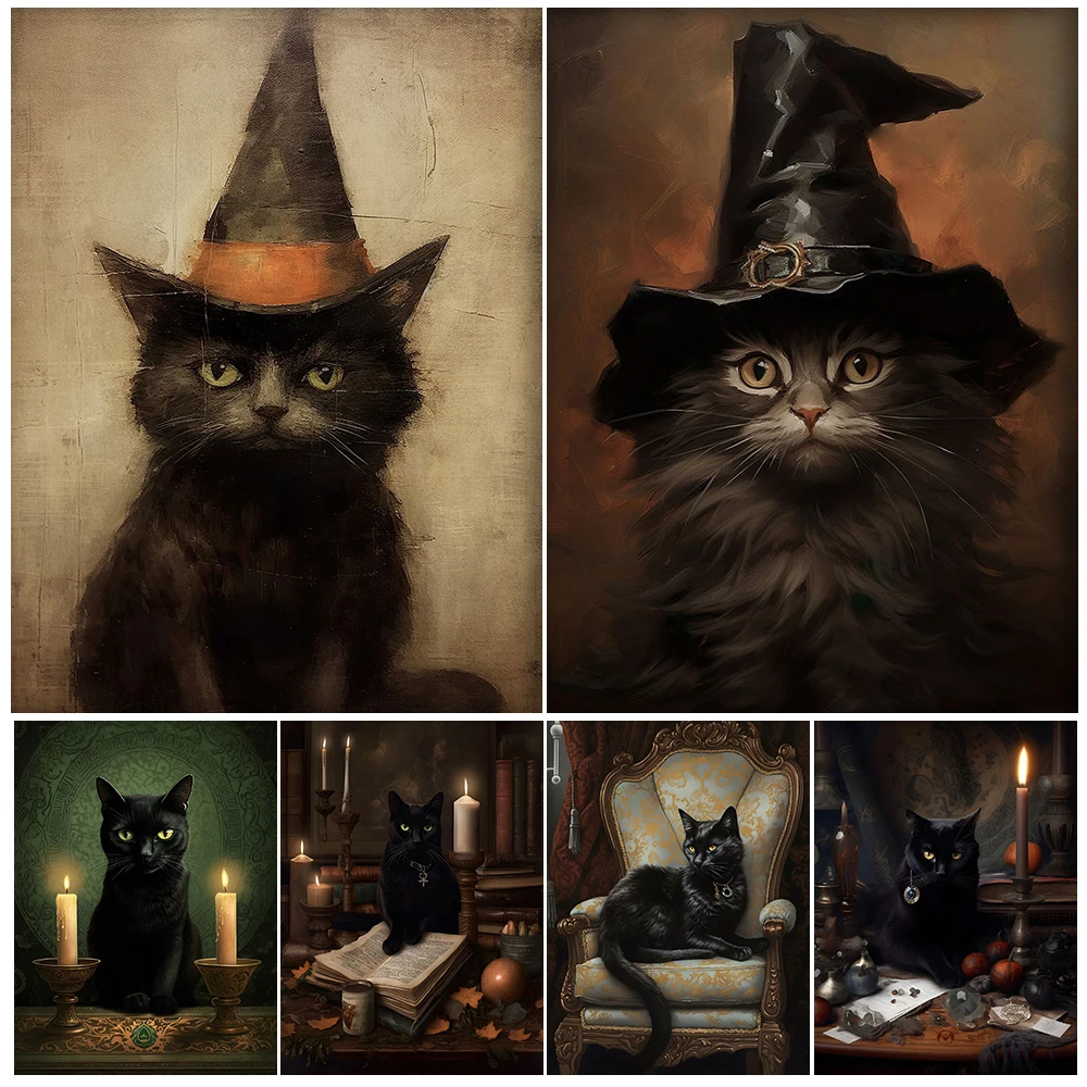 

Gothic Victorian Black Cat Witch And Frog Gentleman Vintage Wall Art Canvas Paitning Count Bat & Cat Art Poster Print Home Decor