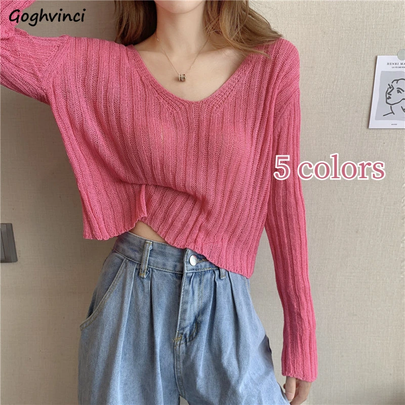 

Осенние вязаные тонкие пуловеры, женские укороченные свитера с V-образным вырезом, универсальные модные простые сексуальные новые мягкие Б...