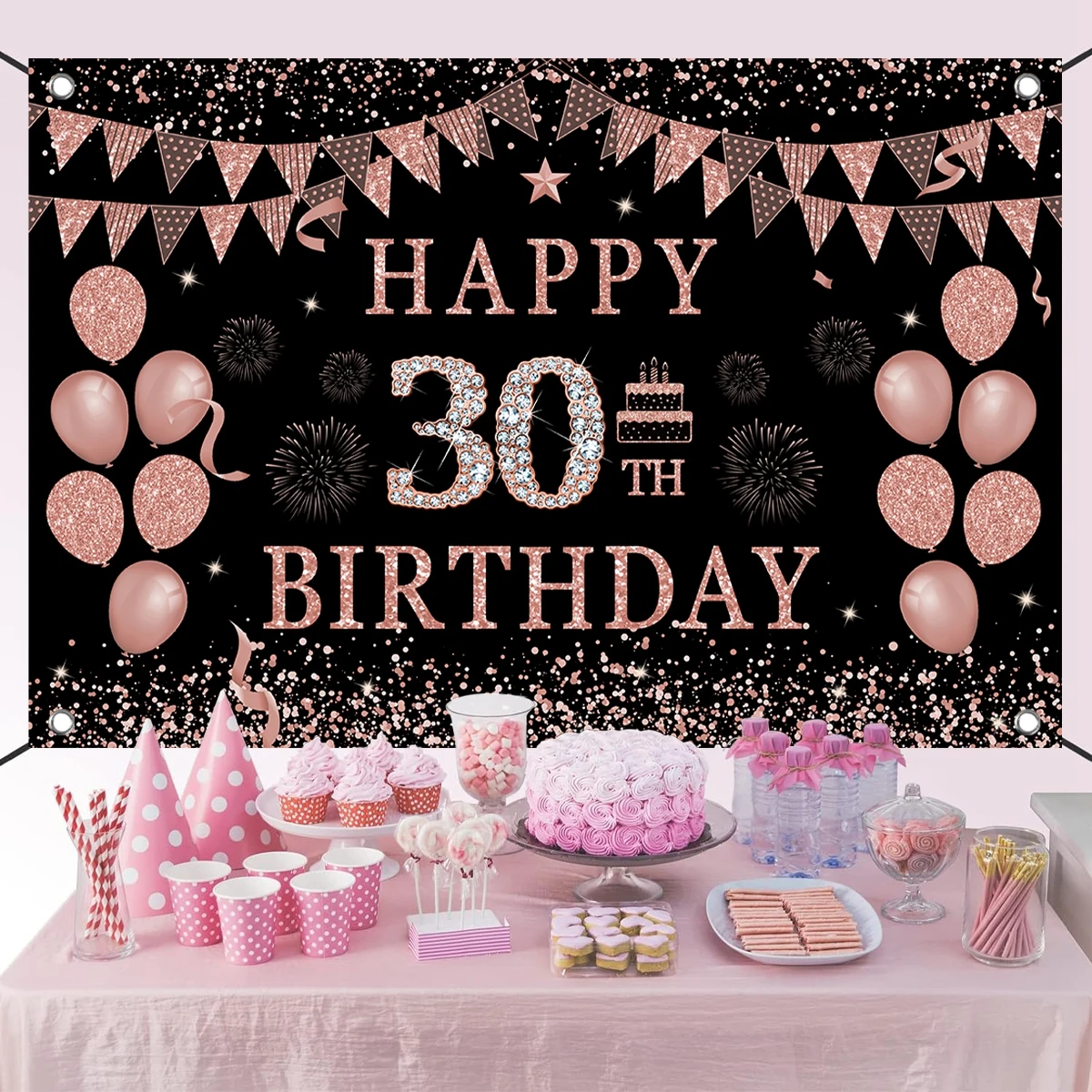 Фон для фотосъемки с днем рождения Черный Розовый Блестящий 16 21 30 40 50 60 лет