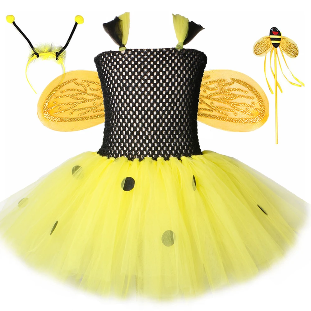 

Милые платья в виде пчелы для маленьких девочек, костюмы Tinkerbel, детское платье длиной до колен, бальное платье в горошек для принцессы с пчел...