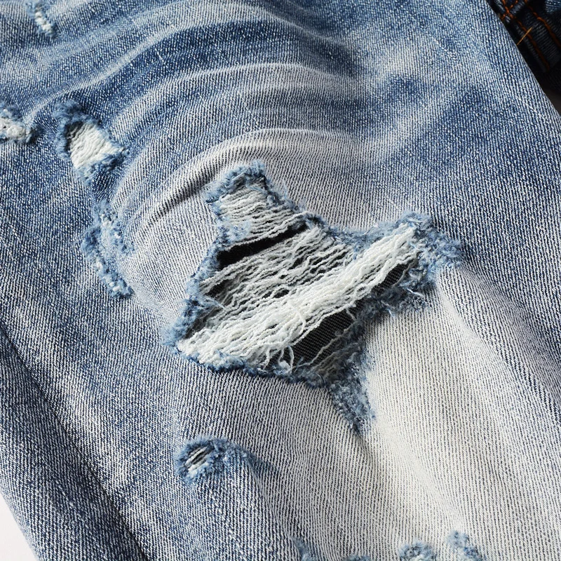 High Street Fashion Men Jeans Retro Blue Elastic Broken Hole Ripped Jeans Men Stretch Skinny Trousers Hip Hop Brand Pants Hombre