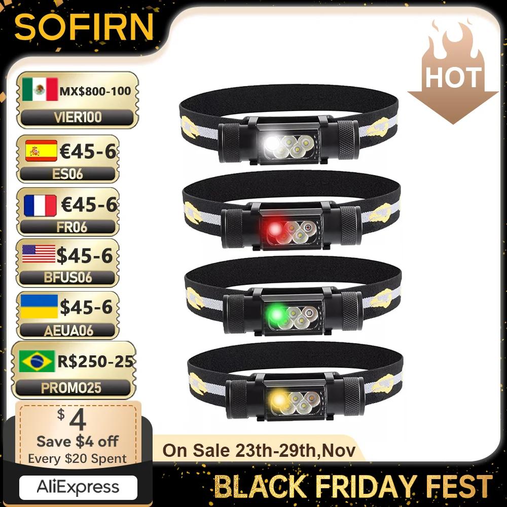 

Sofirn H05B SST20 USB Rechargeable Headlamp Red Green Yellow Light 18650 Torch Capming Flashlight USB C Rechargeable