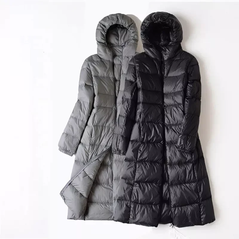 2022NEW Down Jacket Autumn Winter Plus Size Slim Long Women White Duck Down Coats Warm Hooded Female Ultra Light Thin Jacket