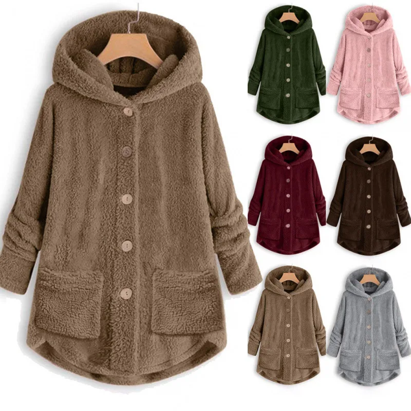 Popular Solid Color Plush Jacket European And Beautiful Women's Button Irregular Hooded Plush Top