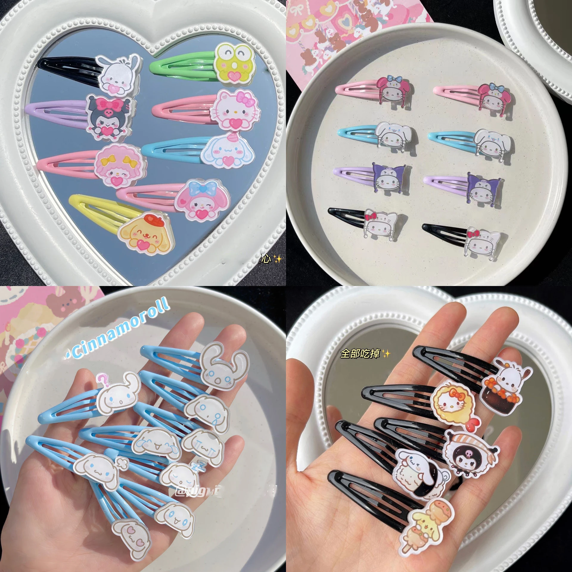 

4/6/9pcs Kawaii Sanrios Cinnamonroll Kuromi My Melody Cartoon cute girls bb Acrylic Clips Hairgrip Hair Headdress Kids Gift