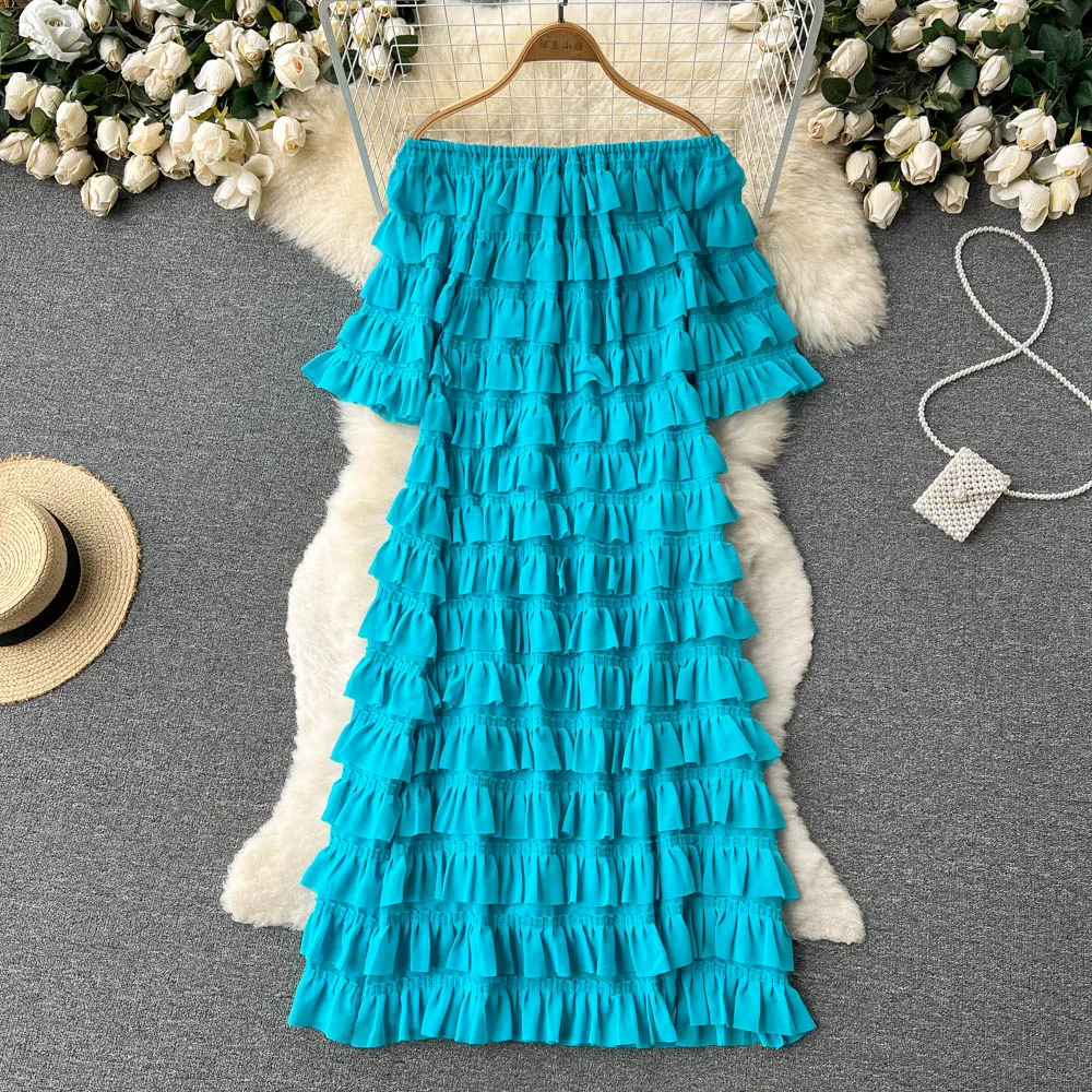 

VANOVICH European and American Solid Color Cascading Ruffle Sweet Dress 2022 Summer New Loose Temperament Slash Neck Dress