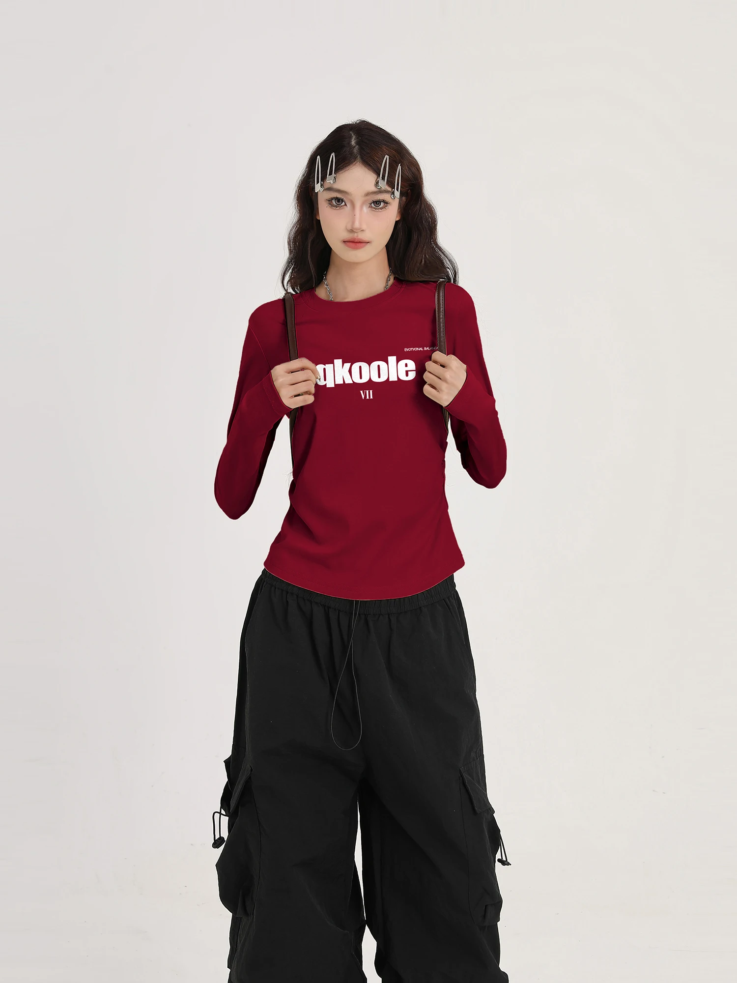 Wine Red Shoulder Long sleeves Shirt Women Spring 2025 New Popular Small Slim fit Slimming Bottoming Top