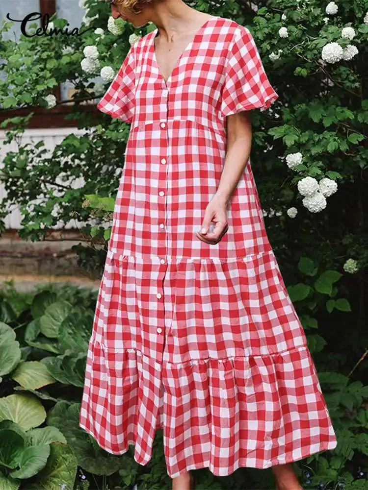 

Celmia Casual Loose Plaid Cake Dress Women Flared Short Sleeve Sundress Summer Pleated Fashion V Neck Long Midi Robes Oversized