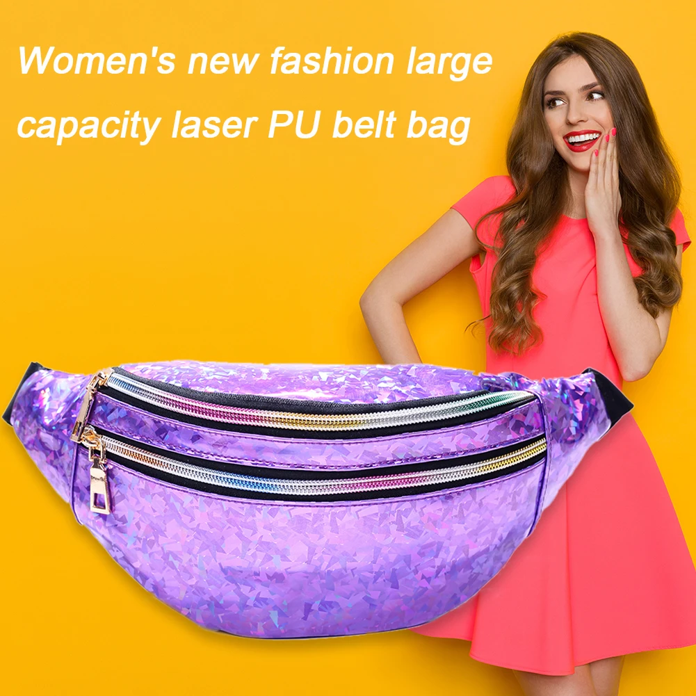 

Women Chest Shoulder Bag Laser PU Leather Zipper Semicircle Double Layer Waist Packs Adjustable Belt Messenger Bags