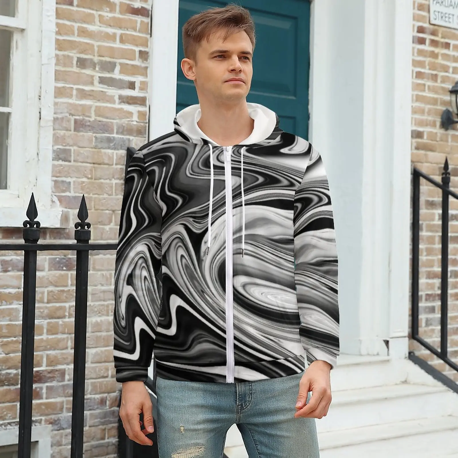 

Черно-белая жидкая толстовка с капюшоном, элегантные мраморные мужские зимние толстовки, уличная одежда, толстовка на молнии, оверсайз