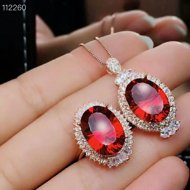 

MeiBaPJ Natural Pigeon Blood Topaz Gemstone Jewelry Set 925 Silver Ring Pendant Necklace 2 Suits Fine Wedding Jewelry for Women
