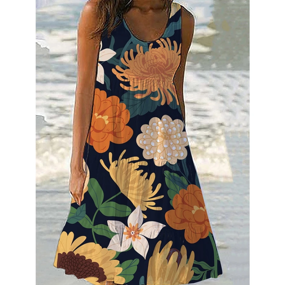 

Sexy Suspenders Square Collar Dresses for Women Summer Floral 3d Printed Flowers Vintage Beachwear Ladies Traf Female Clothing
