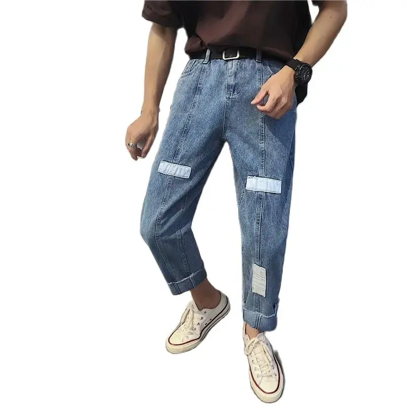 

Spring Autumn 2022 Fashion Patch Stitching Ankle Length Jeans Men Korean Personality Casual Students Wild Loose Straight Pants