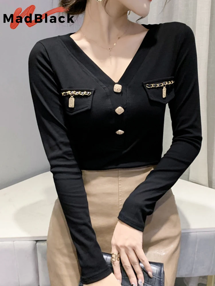 

MadBlack Autumn Winter T-Shirt Sexy Slim V Neck Shinny Beaded Button Women Cotton Tops Long Sleeve Basic Tees Pullover T29815X
