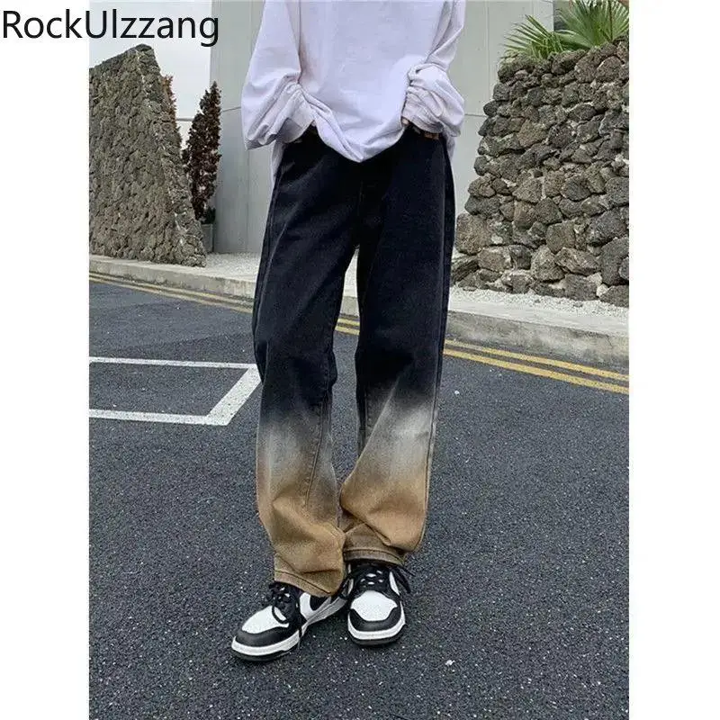 

Винтажные свободные прямые джинсы с градиентным переходом цвета, джинсовые брюки в стиле Харадзюку, повседневные Модные брюки-бойфренды в стиле K-POP, y2k