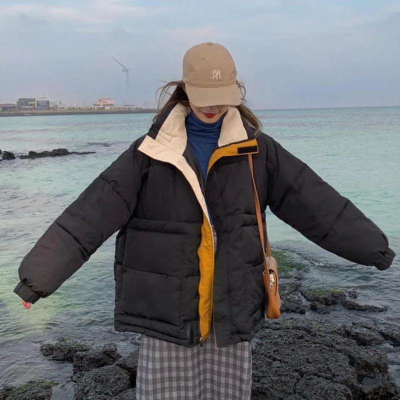 Cotton Padded Bread Coat Fake Two Stand Collar Thickened Loose Black Warm Streetwear Women Winter Fashion Bubble Coats Jackets