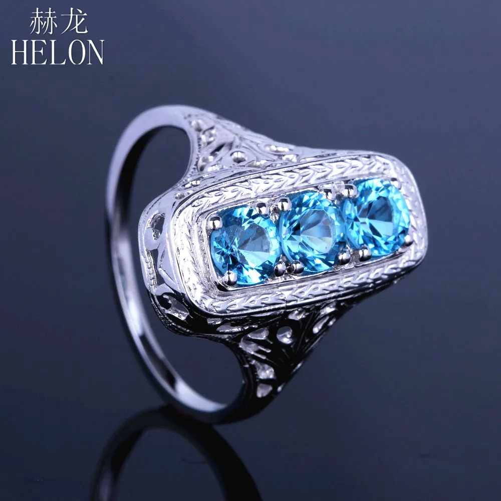 

HELON Solid 14k 10k White Gold Flawless Round Cut Genuine Blue Topaz Engagement Ring For Women Vintage Fine Jewelry Best Gift