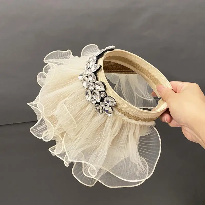 

Шифоновые солнцезащитные шапки с полым верхом для детей и взрослых на весну и лето в Корейском стиле аксессуары с инкрустацией стразами