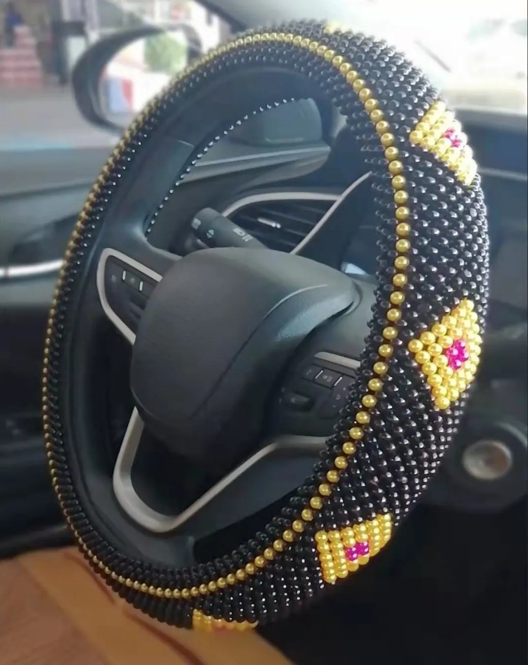 

Car Accessories 38cm Car Steering Wheel Cover Black Brown Wooden Bead Cool Summer Anti-skid Handlebar Cover With Leather