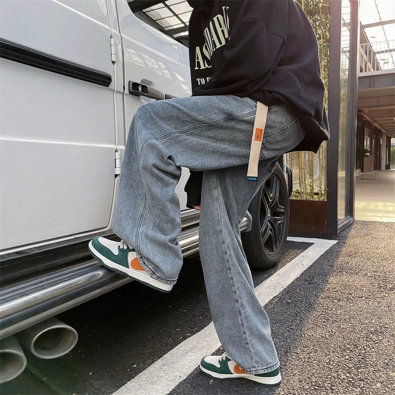 Classic Solid Wide Leg Jeans Mens Korean Fashion Trends Vintage Streetwear Bottoms Teens Baggy Straight Denim Pants Male Clothes