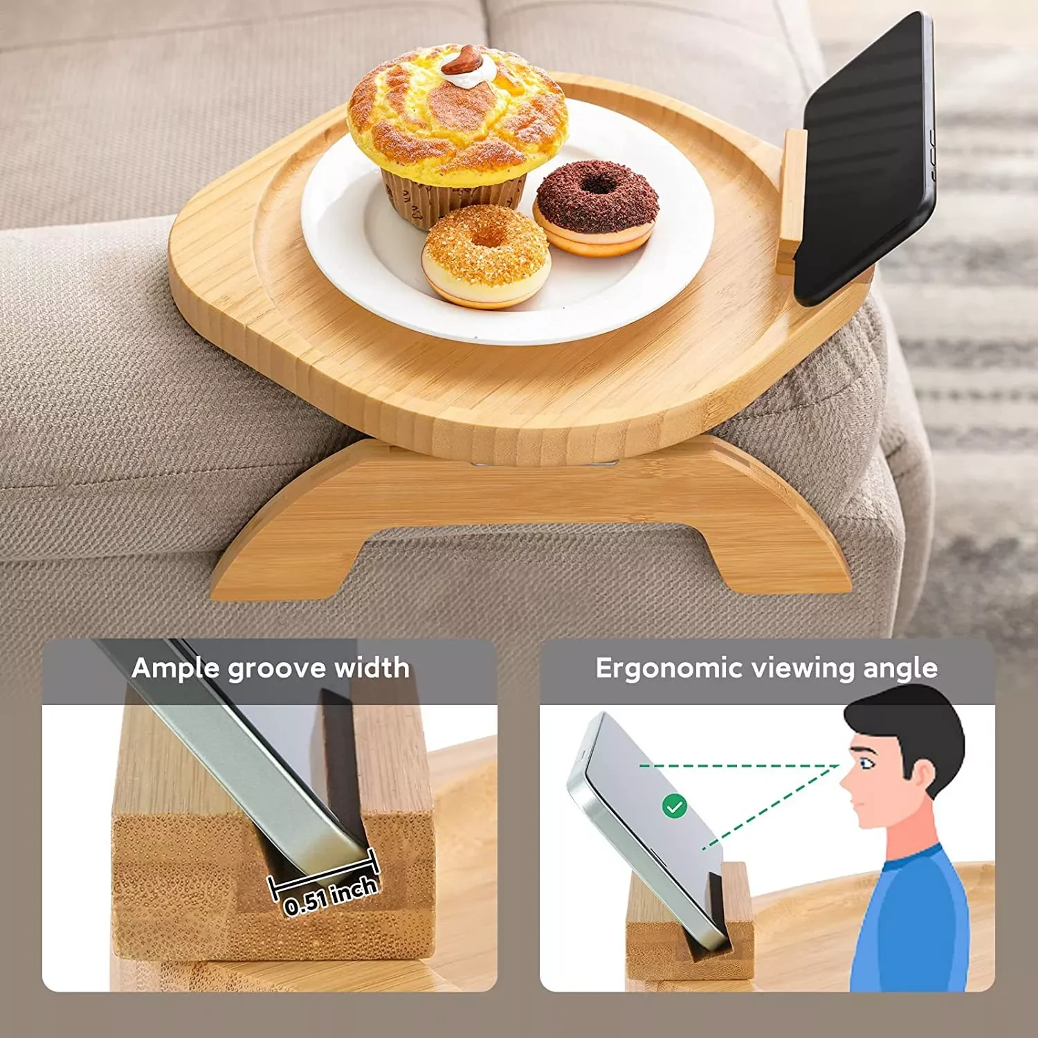 

Foldable Sofa Tray Table Armrest Clip-On Holder Natural Bamboo Snack Food Tray For Cellphone Rack Remote Control Mug Cup Plate