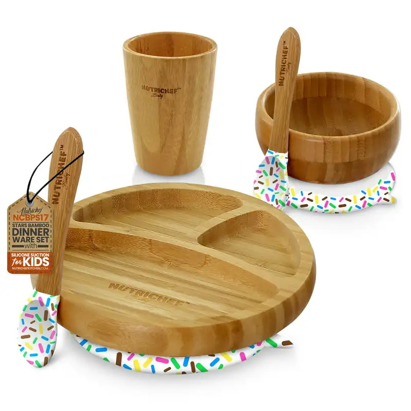 

Bamboo Dinnerware Set - 3 Partition Wooden Toddler Plate, Bowl, Cup & Spoon w/ Silicone Suction Base for Stay Put Feeding, BPA-F