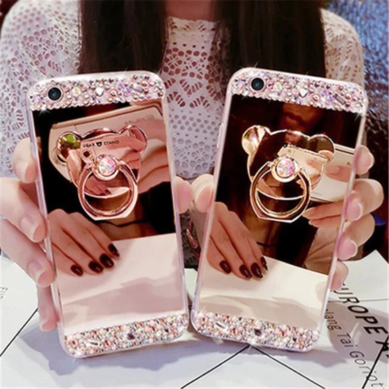 

Luxury Crystal Diamond Bling Mirror Phone Case For iPhone 14 11 12 13 14Pro MAX XS X XR Plus Rhinestone Ring Stand Cover