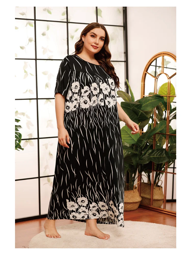 Oversized women's casual dress with printed large swing style plus size dresses robe longue rose grandes tailles