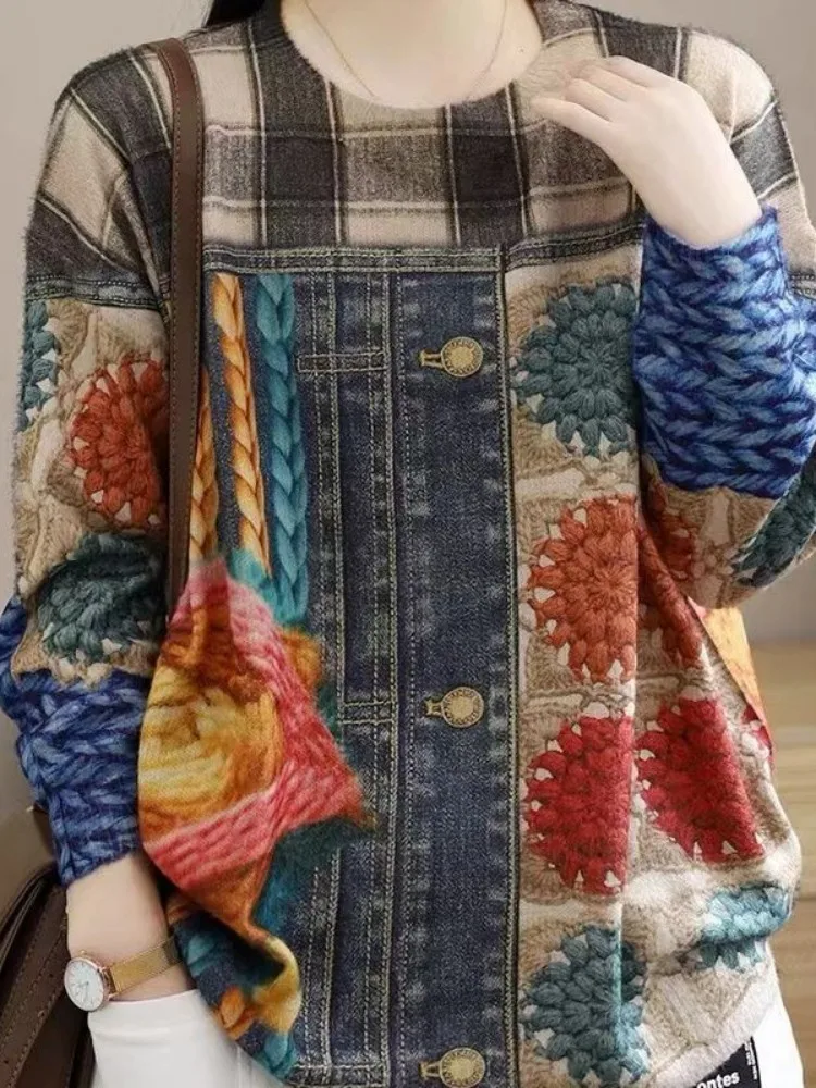 

Ethnic Mink Fleece Sweater Wpmen 2023 Autumn Winter New Round Neck Pullover Sweater Knitted Print Top Female Outwear AF0076