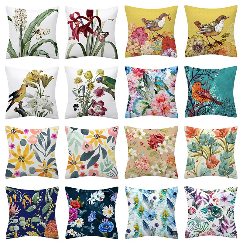 

Color Plants Floral Polyester Cushion Cover 45X45 Flowers Bird Print Pattern Decorative Pillowcases Sofa Cushions Pastoral Style