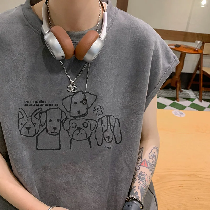 Suede Line Puppy Sleeveless Vest Boys Summer New Arrival Trendy American Waistcoat T-shirt Loose Casual