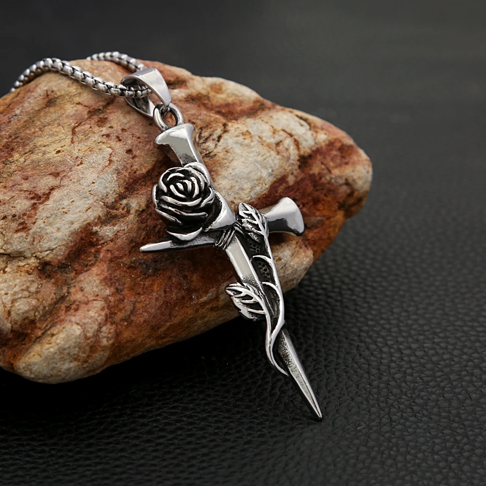 

Fashion Vintage Rose Cross Necklace for Man Woman Punk 316L Stainless Steel Couple Pendant Creative Amulet Jewelry Dropshipping