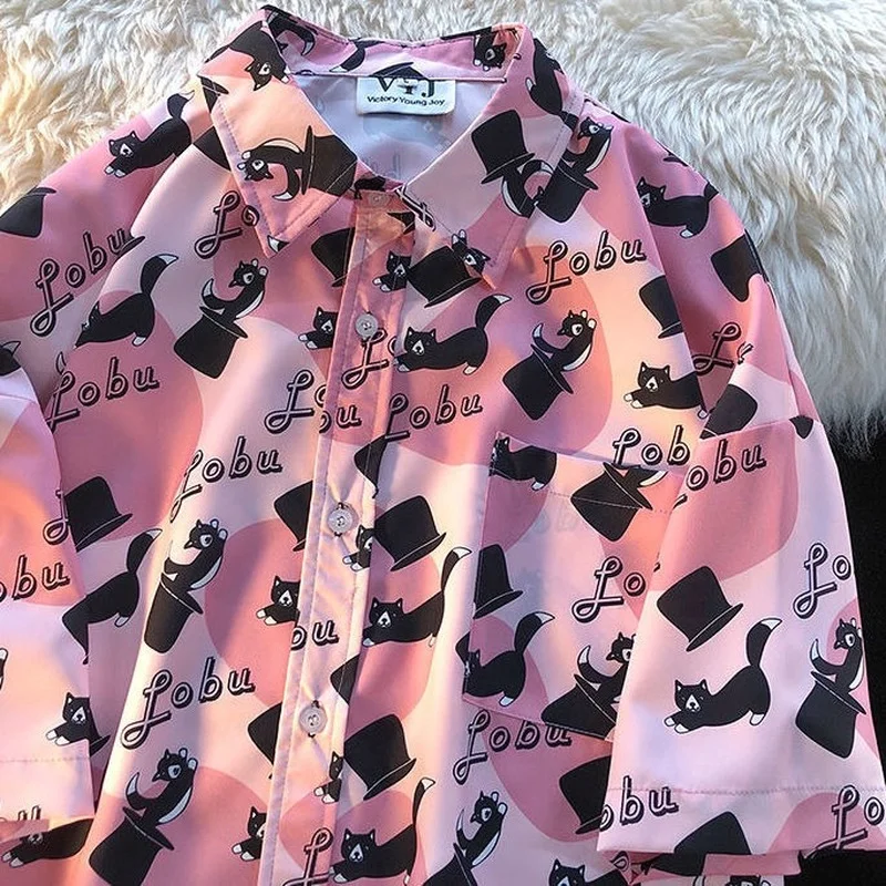 

2022 Hip Hop Japan Kawaii Cats Cartoon Button Up Shirt Harajuku Summer Streetwear Casual Beach Men Womens Tops Unisex T Shirts