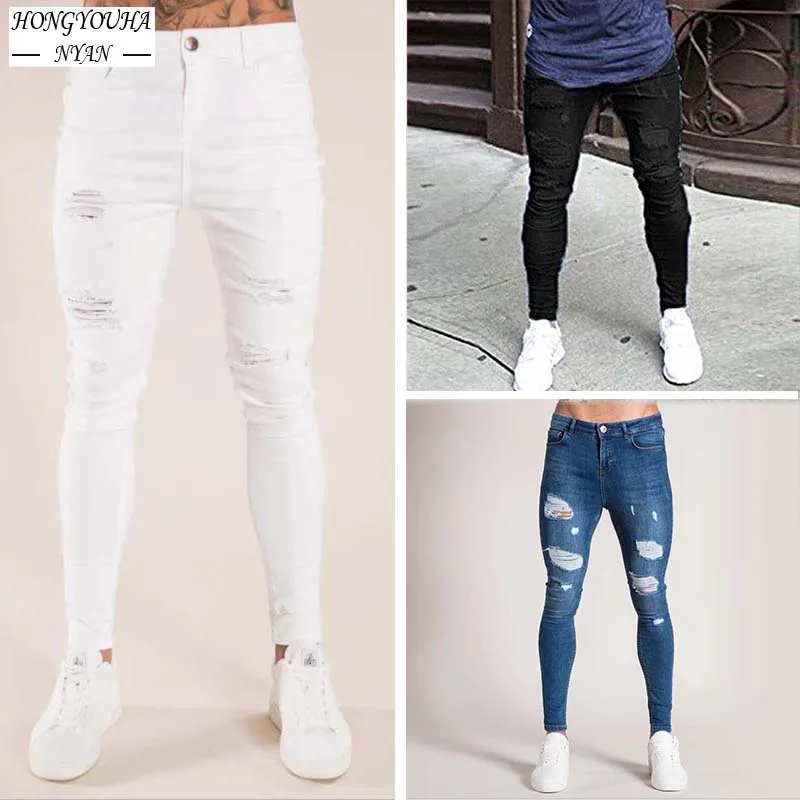 Street Fashion White Jeans Man High Quality Slim Cowboy Pants Men Ripped Jeans Blue Skinny Stretch Denim Pants Jogging Trousers