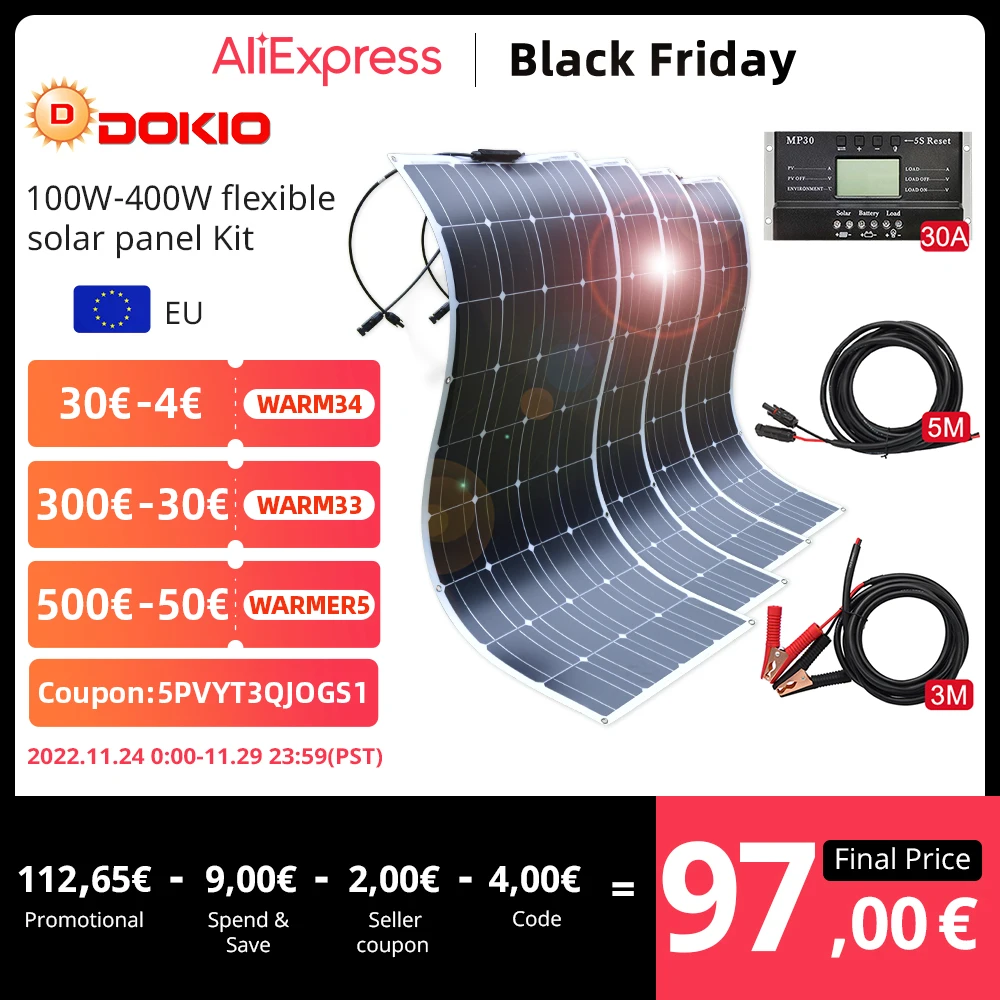 Dokio 18V/16V 100W 200W 400W Flexible Solar Panel Sets For Car/Home Waterproof Monocrystalline Solar China Charge 12V Battery