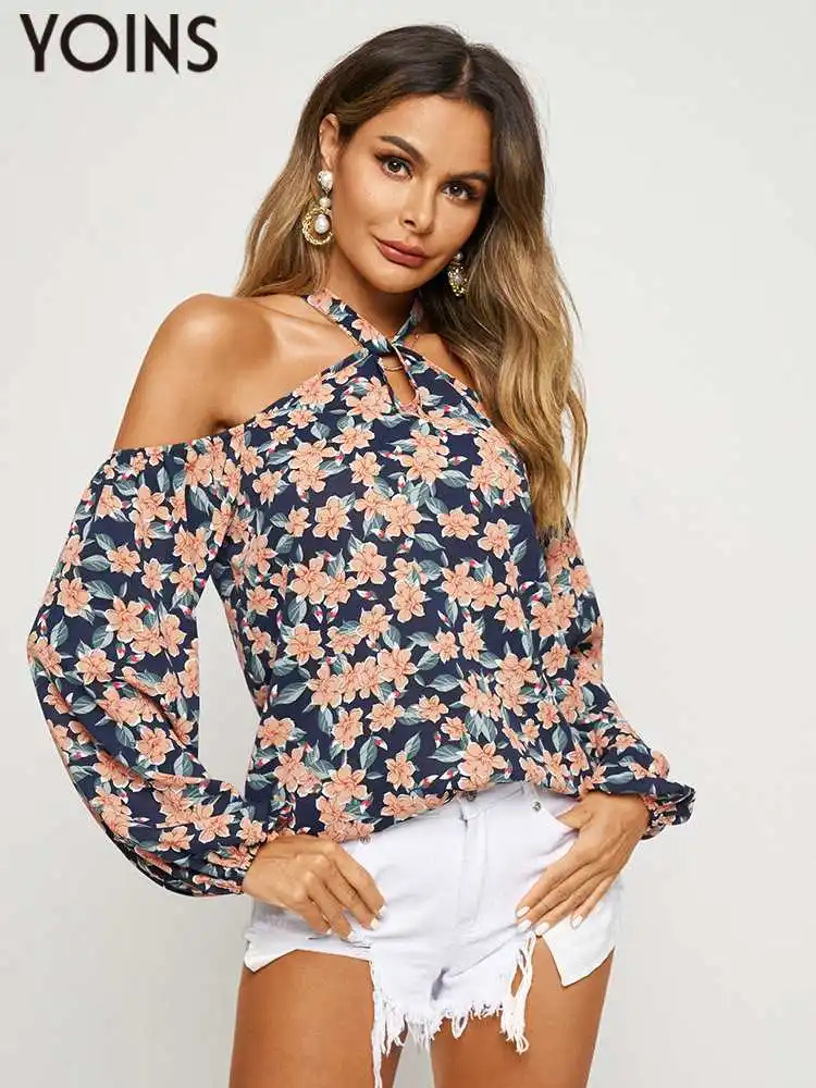 

YOINS 2022 Women Summer Autumn Blouses Halter Floral Print Tops Shirts Long Sleeve Tunic Streetwear Y2k Sexy Off Shoulder Top