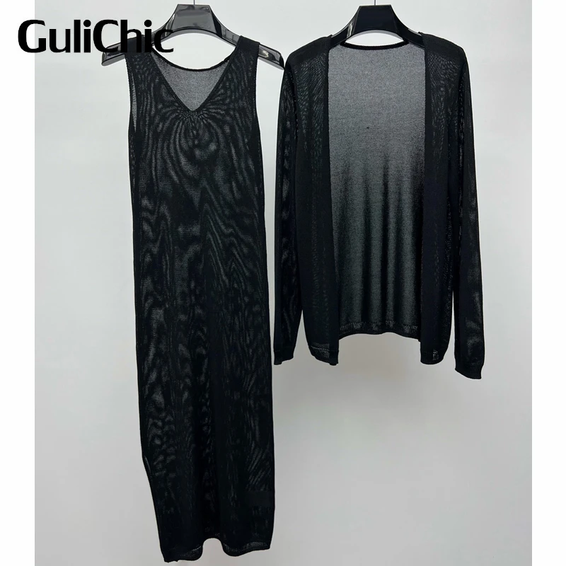 

7.3 GuliChic Women Casual Long Sleeve Hollow Out Knitted Cardigan Or Sleeveless V-Neck Black Split Long Dress Set