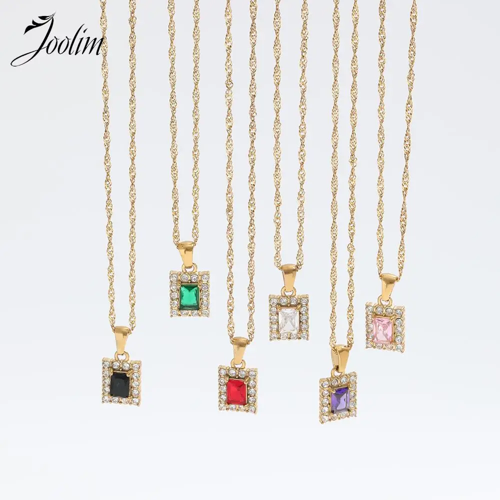 

Joolim Jewelry Wholesale No Fade Waterproof Luxury Rectangular Zircon Candy Colourful Pendant Stainless Steel Necklace for Women