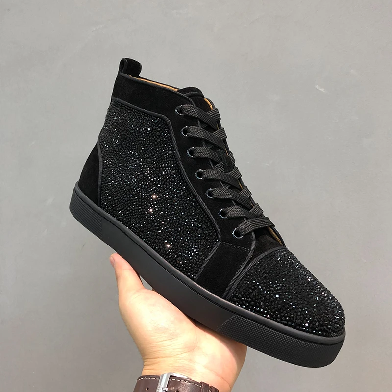 

Luxury accessories shoes high top full diamond men's shoes black suede rhinestone red bottom shoes couple models rivet high-top