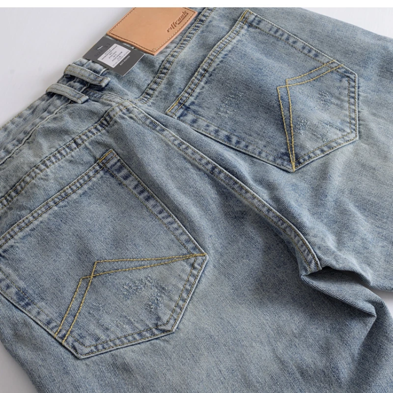 Heavy cotton straight leg jeans retro do old ground white American men's youth casual pants