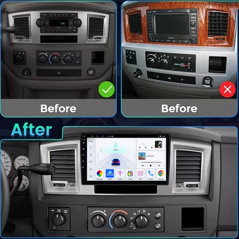 Фото 10-дюймовая автомагнитола с Apple CarPlay, Android 15, 8+128 ГБ, для Dodge RAM 1500 2500 3500 2006-2008, FM, Bluetooth №2