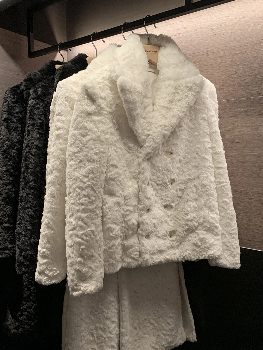 New Imitation Lamb Plush Coat Environmental Protection Faux Fur Winter Elegant Solid Color Long Sleeve Jacket Overcoat